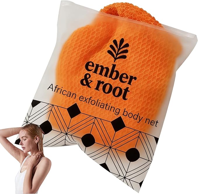 African Exfoliating Body Net Sponge, Ember and Root African Net Sponge, Exfoliating Towel, Gentle Exfoliation, Exfoliating Washcloth Face & Body Scrub Towel for All Skin Types (Orange)