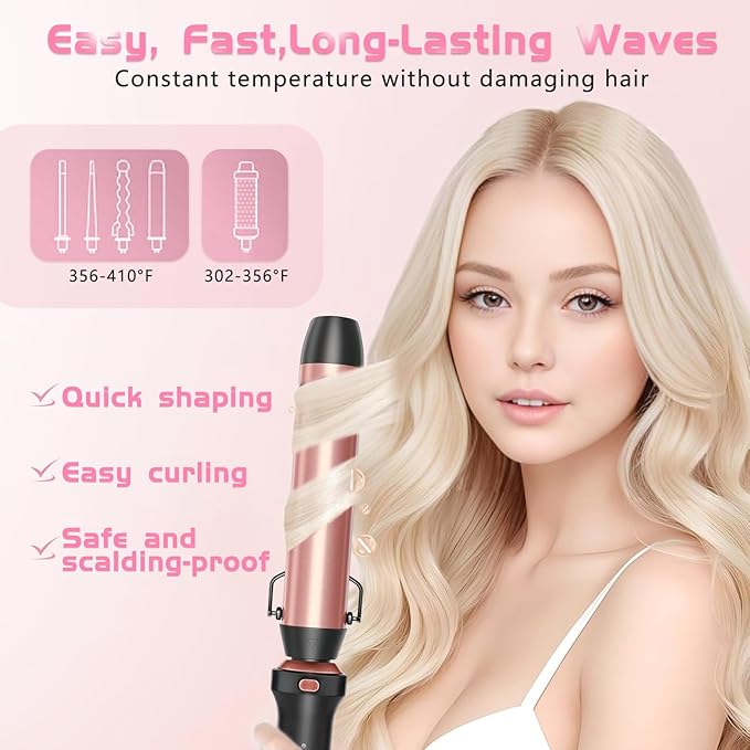 GSKY 5 in 1 Curling Iron Set, Hair Curler with Curling Brush and 4 Interchangeable Ceramic Curling Wand(0.5”-1.25”), Fast Heating, Include Suitcase & 2 Clips & Heat Protective Glove