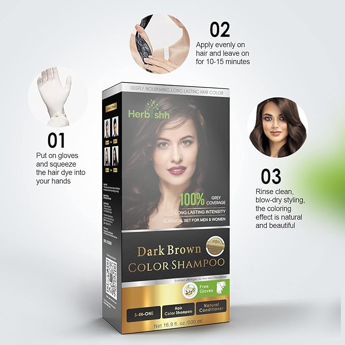 Herbishh Hair Color Shampoo - Magic Dye for Gray Hair, Lasting Color in Minutes - 500 Ml, 3-In-1, Ammonia-Free (Dark Brown)