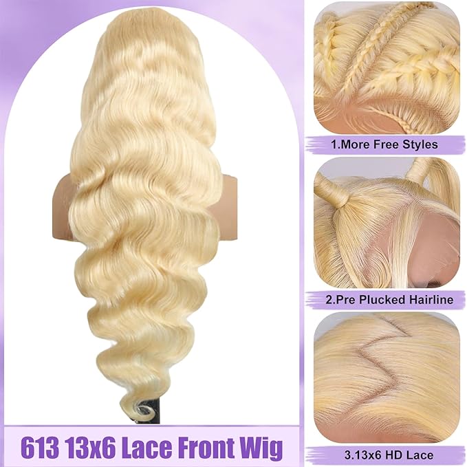 613 13x6 Lace Front Wig Human Hair 28 Inch Blonde Wig Human Hair 200% Density HD Lace Frontal Wig Pre Plucked with Baby Hair 613 Glueless Wigs For Women