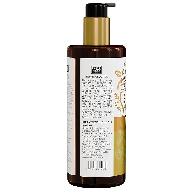 Dead Sea Collection Vitamin C Body Oil for Dry & Sensitive Skin – Moisturizing & Hydrating Skin Oil with Vitamin E & Blend of Almond, Grape, Olive, Wheat Germ Oil – Gentle Nourishing Skincare 6.76 oz
