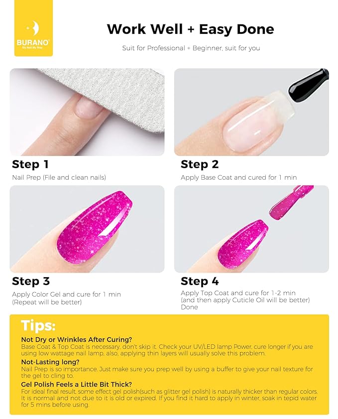 BURANO Glitter Gel Nail Polish, LED UV Nail Gel Shimmer Holographic Effect Soak off Gel Curing Required, No Chip Gel Polish Sparkle Gel Home DIY Nail Salon (Hot pink LP6)