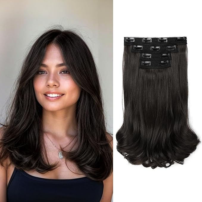 REECHO Clip-in Hair Extensions, 4PCS Lace Weft, 14" Short Wavy Hair, Invisible, Natural Soft Hairpieces for Women, Black Brown