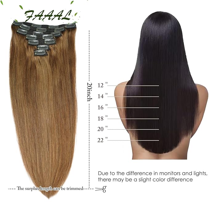 20" Clip in Human Hair Extensions Full Head 180g 7 Pieces 16 Clips 8# Light Brown Double Weft Brazilian Real Remy Hair Extensions Thick Straight Silky (20" 180g, Light Brown)
