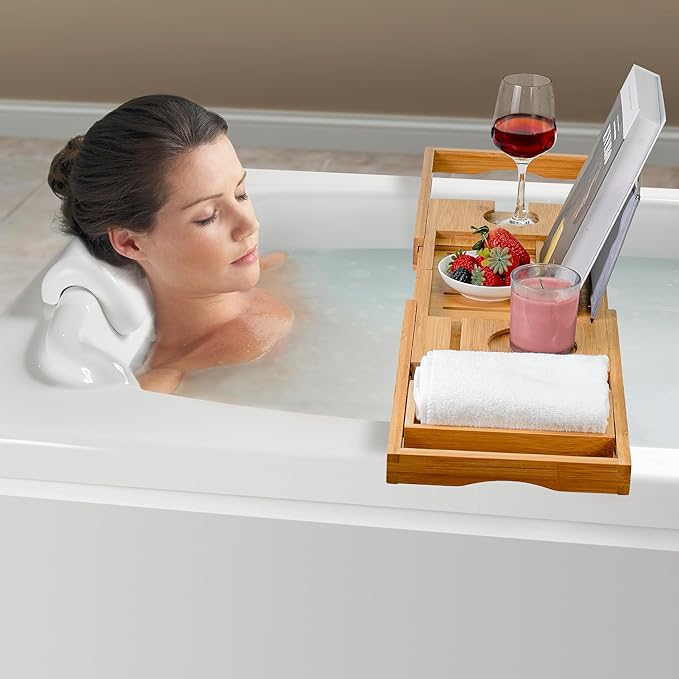 Utoplike Bamboo Bathtub Caddy Tray Bath Tray for Tub, Adjustable Bathroom Bathtub Organizer with Book Tablet Wine Glass Cup Towel Holder