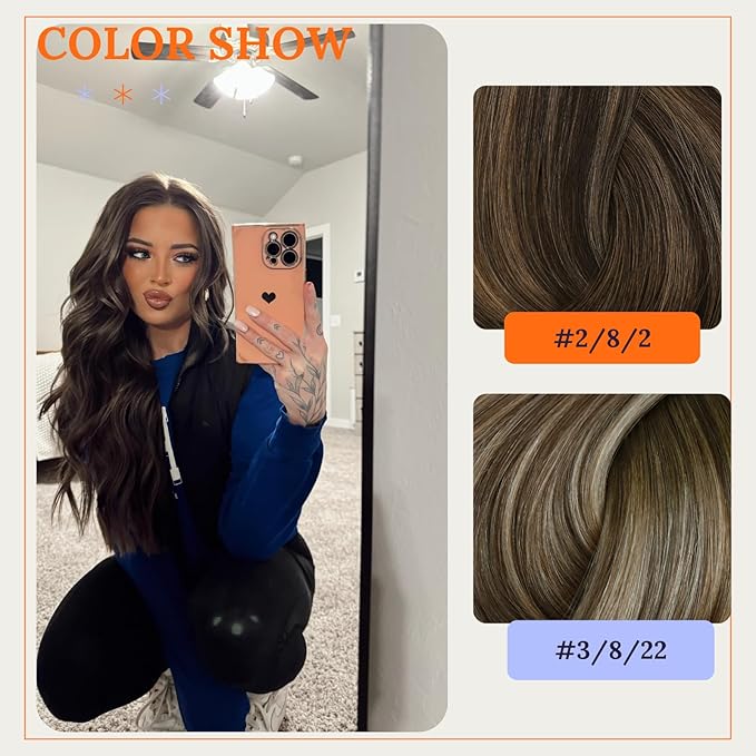Full Shine Weft Hair Extensions Human Hair Sew In Real Hair For Women 18 Inch Human Hair Bundles Color Dark Brown To Ash Brown Highlight Medium Blonde Extensions 120G Weft Human Hair