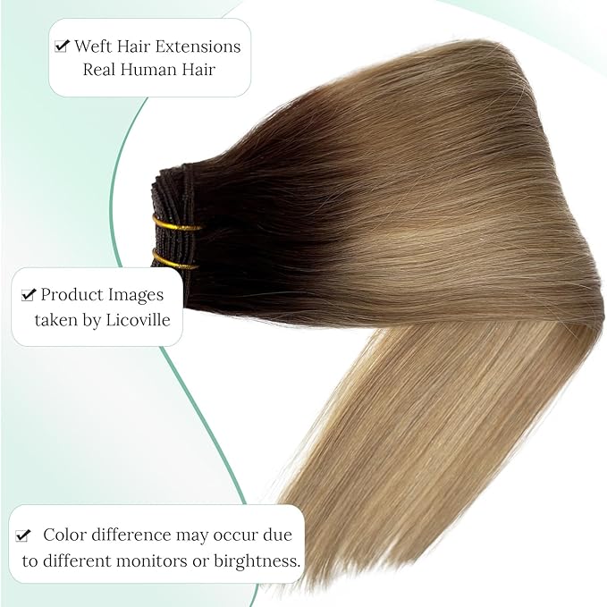 Licoville Sew in Hair Extensions Ash Brown and Light Blonde Balayage Ombre Real Human Hair Extensions 14 Inch 80G Straight Highlight Blonde Bundles Sew in Human Hair Wefts Ash Brown with Highlights