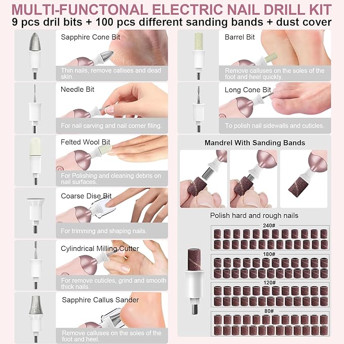 Professional Manicure Pedicure Kit, 9 in 1 Cordless Electric Nail Drill with 100 pcs Nail Drill Bits Sanding Bands, Nail Grinder for Human, 5 Speeds, Nail Dremel Kit for Home and Salon Use