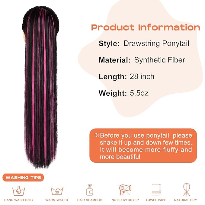SEIKEA Ponytail Extensions Drawstring Long Straight Fake Pony Tail Natural Soft Clip in Hair Extension Synthetic Heat Resistant Hairpiece 28 Inch Natural Black with Pink Highlights