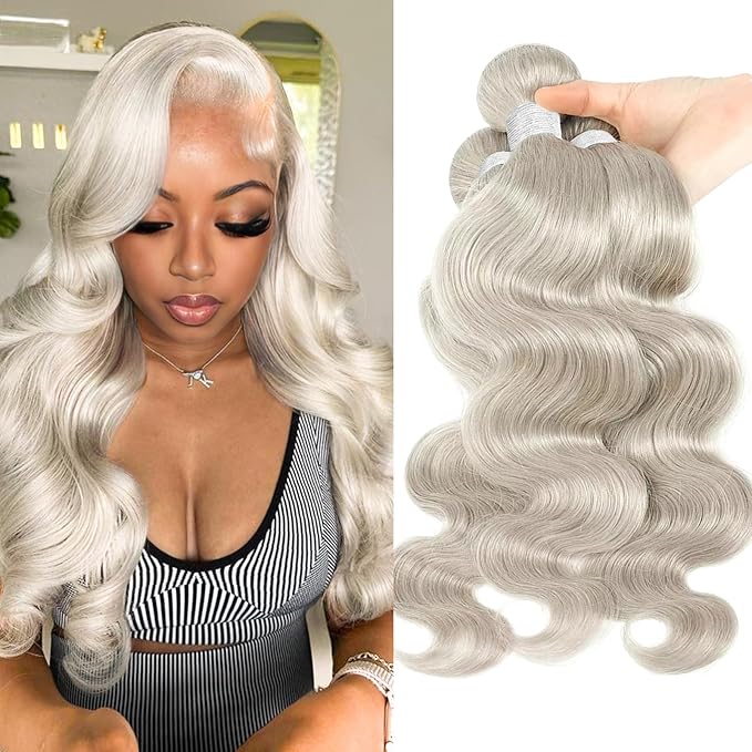 Platinum Silver Human Hair Bundles Body Wave 16 16 16 inch 100% Virgin Human Hair Weave Extensions 12A Quick Weave Bundles Double Weft