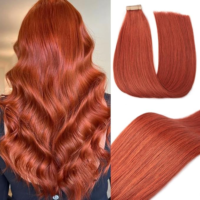 Tape in Hair Extensions Human Hair 20pcs Remy Hair Extensions 22 Inch Copper Straight Invisible Human Hair Tape in Extensions Skin Weft Tape Extensions Human Hair (350#,22 Inch)