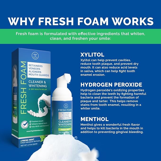 Aligner & Retainer Cleaner Fresh Foam – Dry Mouth Relief, Compatible with All Clear Aligners, Retainers, Mouth Guards, Night Guards, Veneers, Whitens, Freshens, 3% Hydrogen Peroxide, Mint - 50ml 3pcs