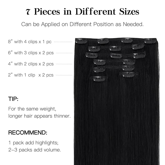 HOTBANANA Human Hair Clip in Hair Extensions, Jet Black 120g Clip in Hair Extensions Real Human Hair Straight Remy Hair 18 Inch 7pcs