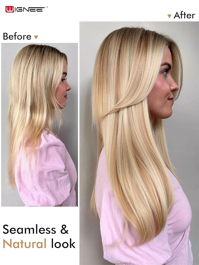 WIGNEE Double layer PU OVO Strawberry Highlight Blonde Weft Hair Extensions Human Hair with Beads 100% Real Remy Human Hair Extensions Glueless 12 Inch Weft(18/613)