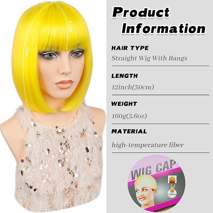 MAYSA Yellow Bob Wig with Bangs for Women Short Straight Neon Bob Wig 12in Synthetic Cosplay Daily Party Colorful Wigs # Yellow