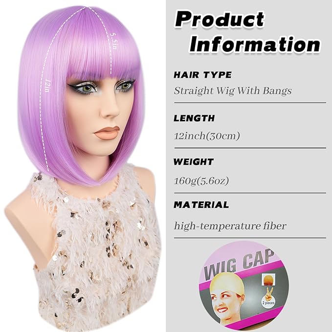 MAYSA Purple Bob Wig with Bangs for Women Short Straight Neon Bob Wig 12in Synthetic Cosplay Daily Party Colorful Wigs # Light Purple
