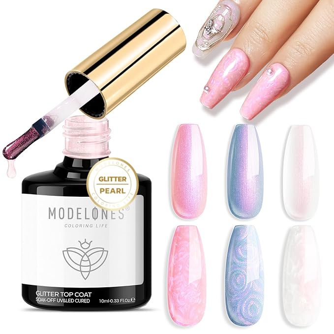 modelones Pearl Gel Nail Polish Top Coat, 2-in-one Clear Pearlescent Glitter Glossy Sparkle Finish Long Lasting Soak Off Mermaid Shimmer Manicure Nail Art Home Salon DIY