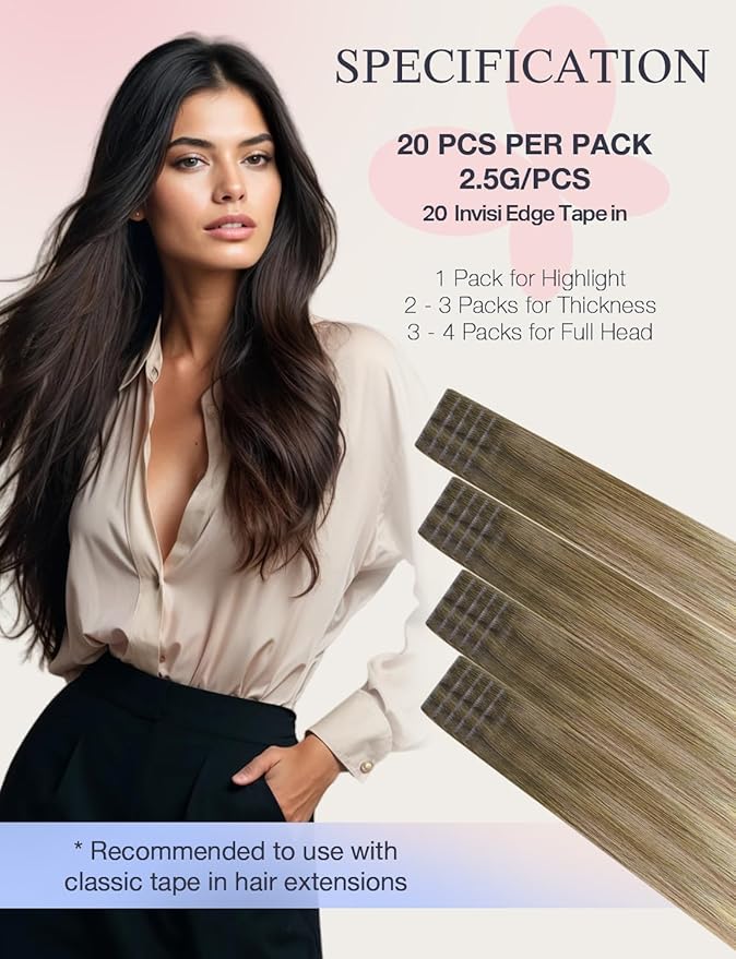DOORES Invisi Edge Tape in Human Hair Extensions, Walnut Brown to Ash Brown and Bleach Blonde 10 Injection Tapeins with 10 Injection Tapeins 50g 24 Inch, Virgin Injected Tape in