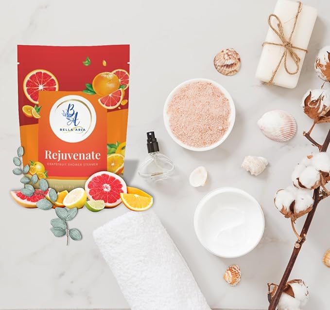 Bella Aria by Just Us Chix - Rejuvenate Grapefruit Shower Steamers, Aromatherapy Spa Experience, 7 Aromatic Tablets with Mesh Bag