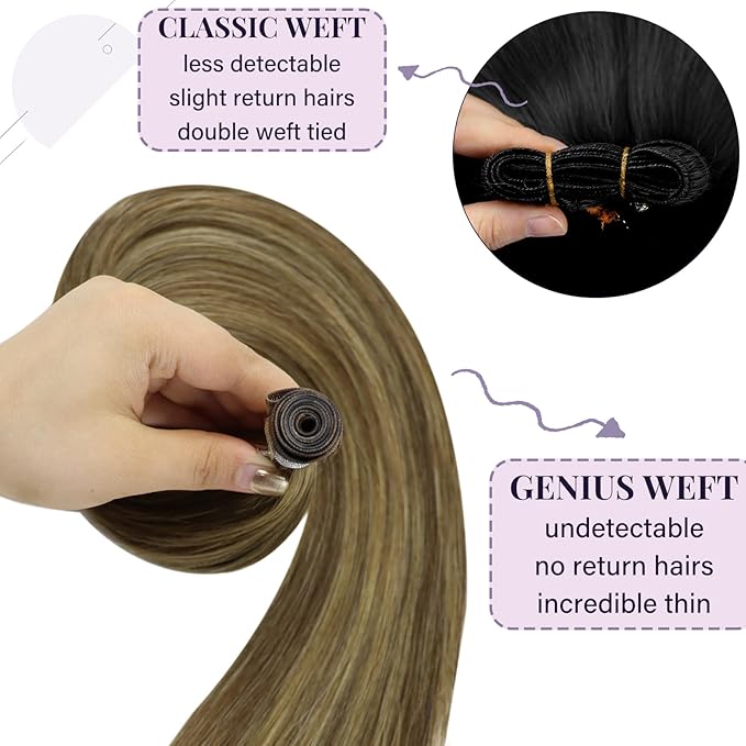 Fshine Hand Tied Human Hair Genius Weft Highlight Genius Weft Color Ash Blonde and Golden Blonde Sew in Remy Human Weave Natural 24 Inch 60g