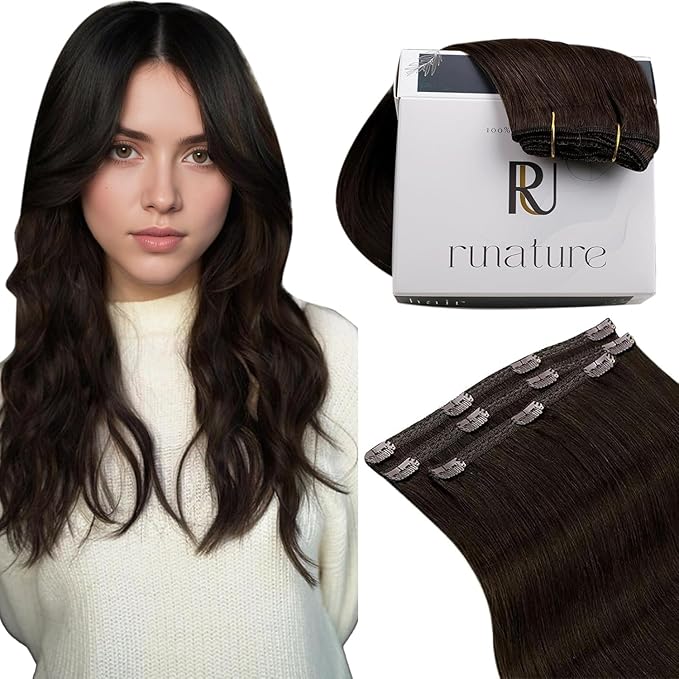 RUNATURE Clip in Hair Extensions Real Human Hair, 16 Inch Hair Extensions Clip in, Remy Straight Brown Hair, Full Ends, Tangle Free, 50g 3pcs #2 Dark Brown