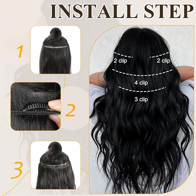 Clip in Hair Extensions Black Mix Blonde Natural Long Wavy Synthetic Hairpieces for Women Highlights Color Synthetic Easy to Install Double Weft 20 Inch 4 Pcs