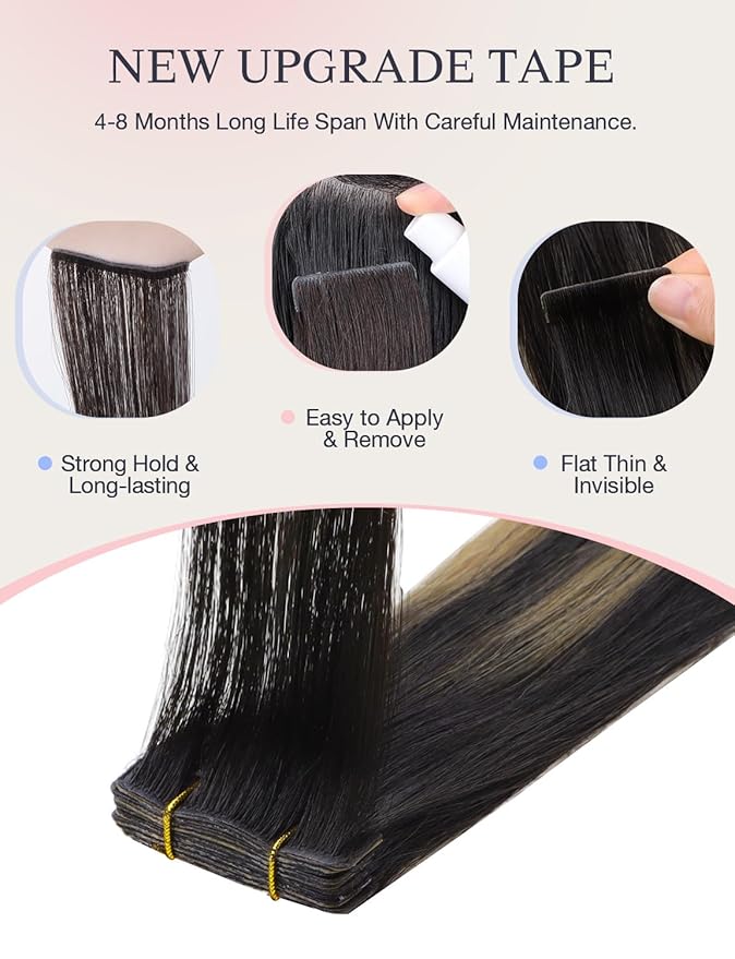 DOORES Invisi Edge Hair Extensions Tape in, Natural Black to Light Blonde 10 Injection Tape-ins with 10 Classic Tape-ins 50g 24 Inch, Injection Tape in Extensions Virgin Hair Thick Ends