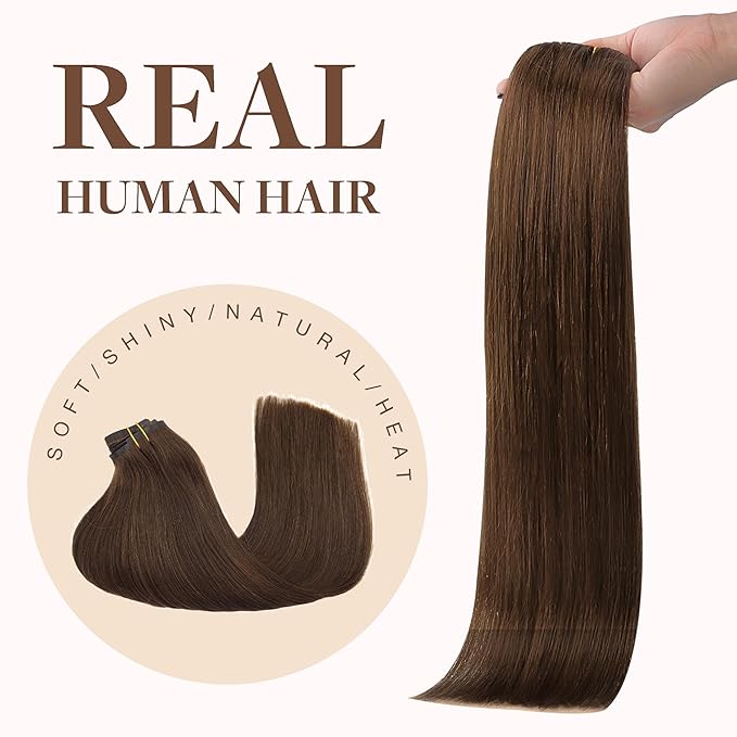 GOO GOO Clip in Hair Extensions Real Human Hair, Remy Human Hair Extensions Clip ins for Women, Natural Human Hair, 16inch 130g 7Pcs, 4A Chocolate Brown