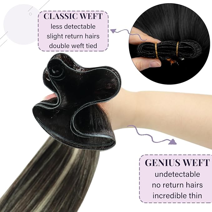 Fshine Genius Weft Hair Extensions Human Hair, 20 Inch 60 g Balayage Dark Brown Highlights Platinum Blonde, Ideal for Wedding Bridesmaid Party Hairstyles Professional Quality for Long Lasting Results