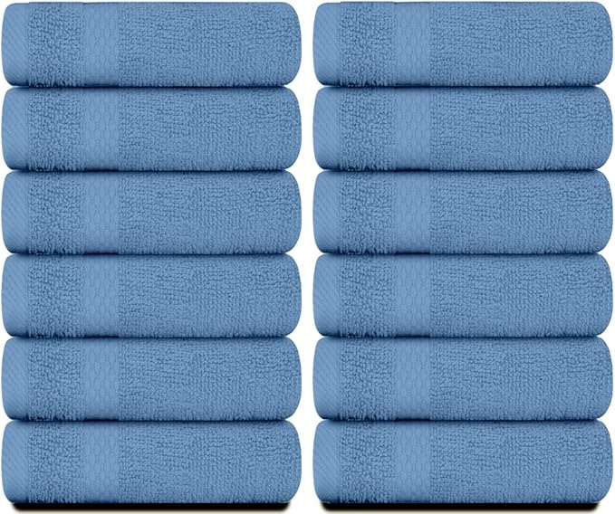 White Classic Luxury Cotton Washcloths 13x13 Inch - 650 GSM Turkish Cotton | Hotel, Spa, Bathroom Face Towel | 12 Pack, Light Blue