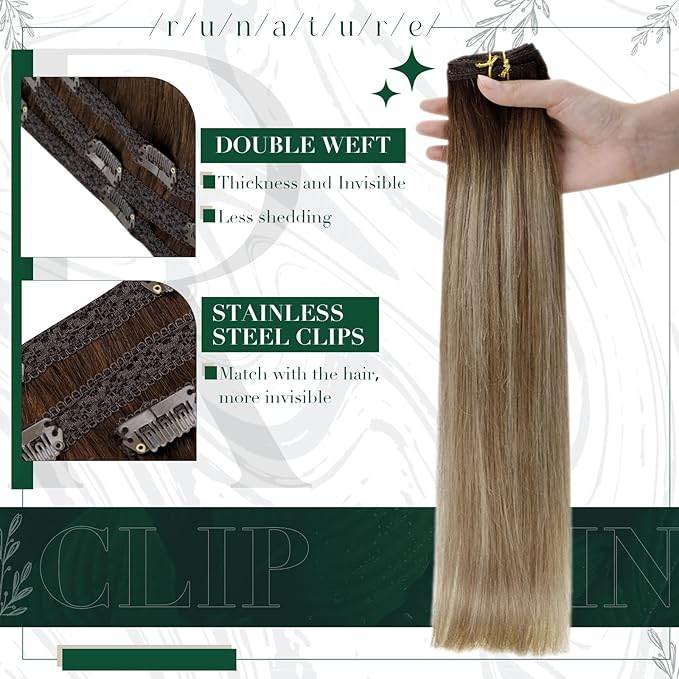RUNATURE Clip in Hair Extensions Human Hair Balayage Clip in Human Hair Extensions for Women Soft Remy Natural Hair Straight 14 Inch 50g 3pcs #3/8/22 Walnut Brown to Blonde Balayage