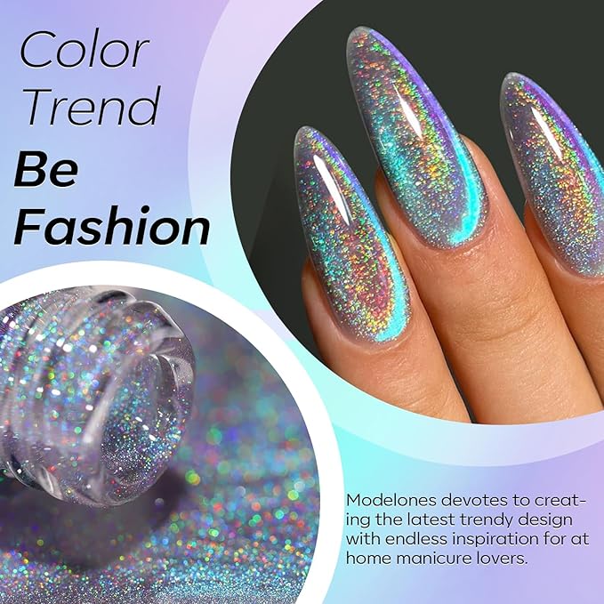 modelones 9D Magnetic Cat Eye Gel Nail Polish, Holographic Blue Purple Rainbow Shimmer, 15ML UV LED Soak Off Gel, Christmas Nail Art, Manicure Design - Reflective Top Coat for Women & Girls