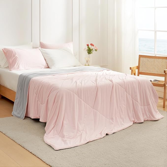Cozy Bliss Cooling Comforter Twin Size, Cooling Blankets for Hot Sleepers and Night Sweats, Pink Gray Summer Comforter for Twin Size Bed, Breathable Soft Lightweight Silk Smooth