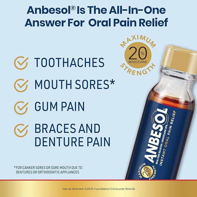 Anbesol Maximum Strength Liquid, Instant Oral Pain Relief for Toothaches, Mouth Sores*, Gum, Braces & Denture Pain, ADA Accepted, 0.41 oz