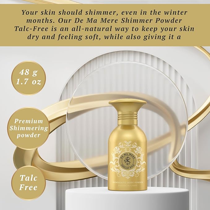 De Ma Mere Talc Free Shimmer Powder, Body Powder, Dusting Powder, Leaves Skin Soft, Dry, Smooth, and Shimmering, 48g