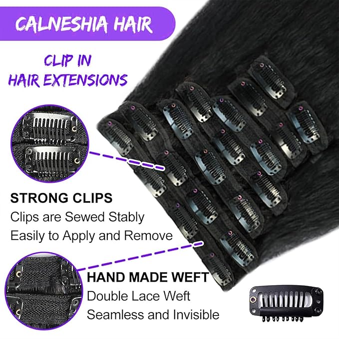 Kinky Straight Clip in Hair Extensions 14 Inch Human Hair Yaki Straight Clip ins Seamless Remy Human Hair Clip in Extensions for Women Natural Black 8Pcs 100g 20 Clips