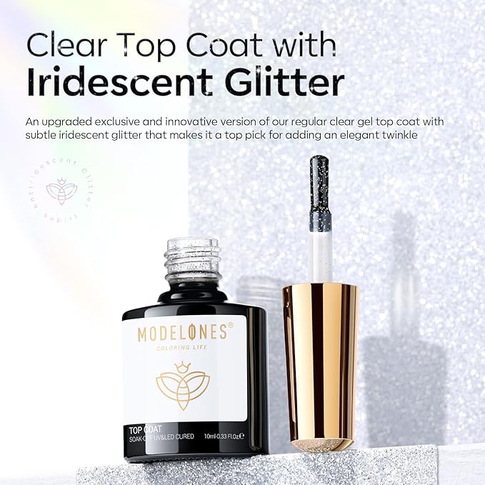 modelones Glitter Gel Top Coat, Reflective Iridescent Silver Mix Glitter Sparkle Clear Gel Polish No Wipe Glossy Confetti Sparkly Long Lasting Rainbow Shimmer Soak Off Nail Art Christmas Winter Gift