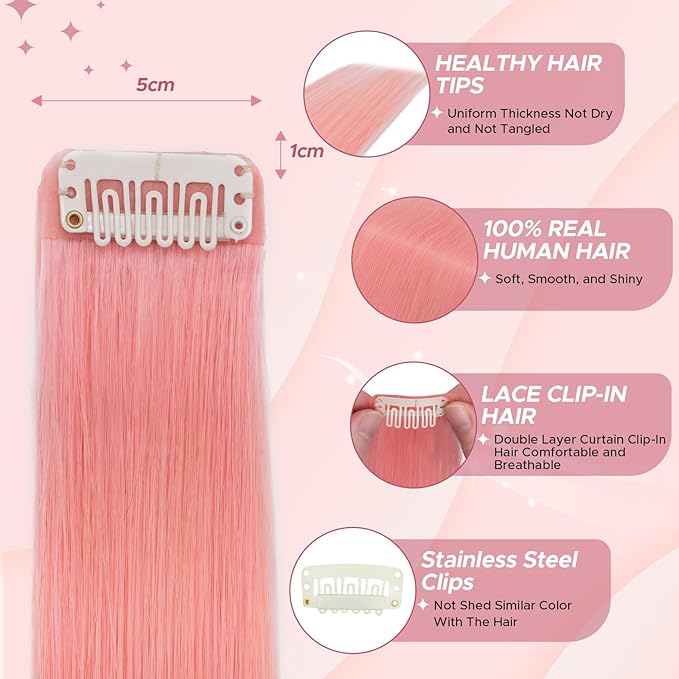 Clip in Hair Extensions Real Human Hair for Women, 16 Inch 40g 6pcs, Pink, Straight - Highlight, Add Volume and Length for Daily Wear, Parties, Weddings