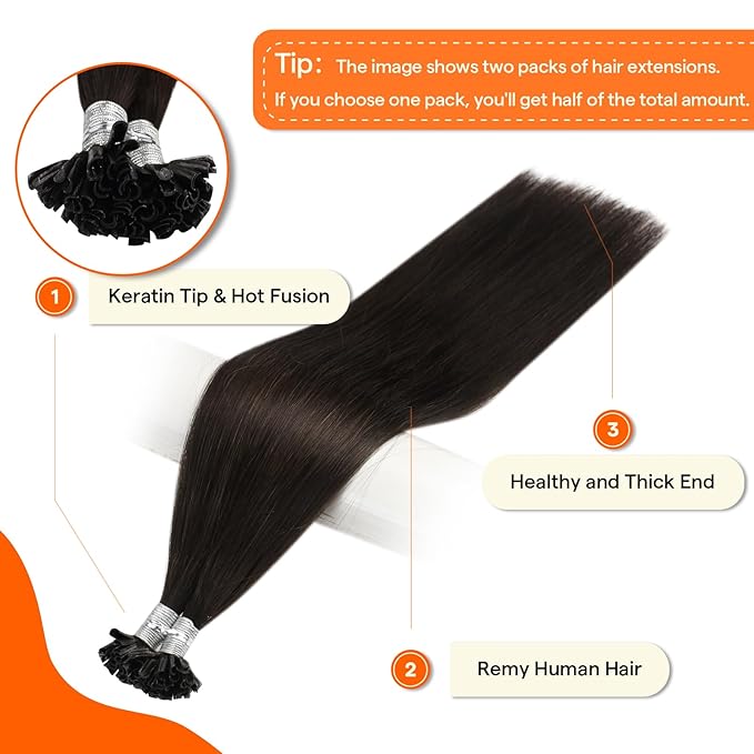 Full Shine U Tip Hair Extensions Human Hair 16 Inch Fusion Hair Extension U Tip Human Hair Color 2 Darkest Brown Remy Hair 50 Grams Keratin Bond Extensions for Wedding