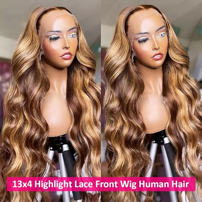 Pizazz Ombre Highlight 13x4 HD Lace Front Wigs Human Hair with Baby Hair 180 Density Glueless Wigs Human Hair Pre Plucked 4/27 Honey Blonde Body Wave Frontal Wigs 30 Inch