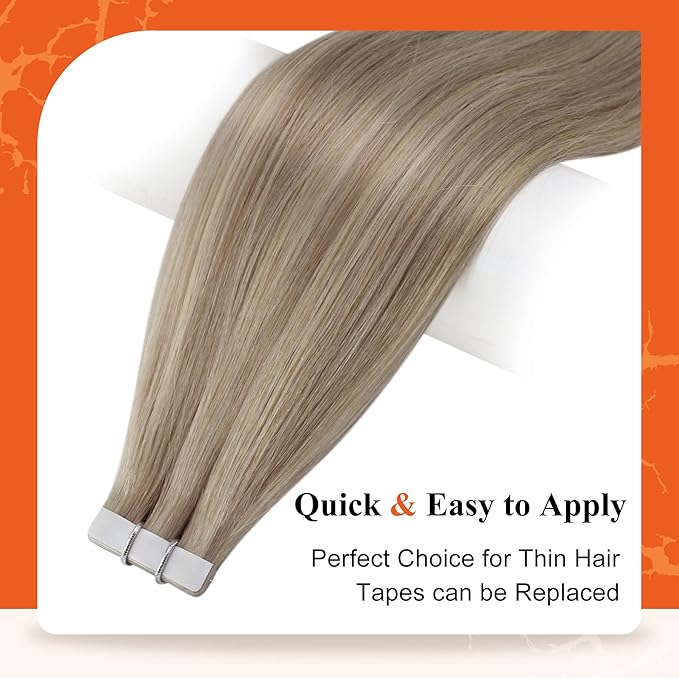 Full Shine Straight Human Hair Extensions Tape in 18Inch Seamless Hair Extensions Real Human Hair Highlighted Hair Extensions Ash Blonde with Platinum 20Pcs 50Grams Add Volume Remy Hair Extensions