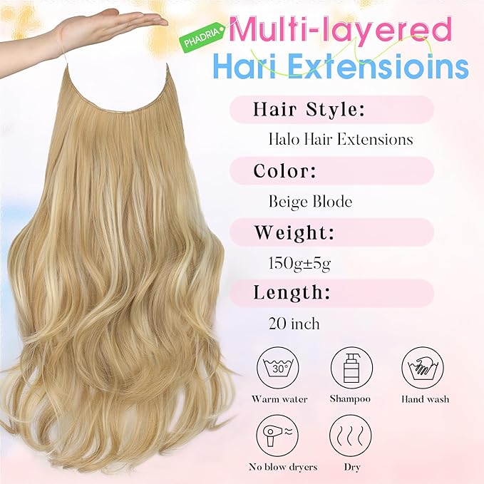 Invisible Wire Hair Extensions with Transparent Wire Adjustable Size 4 Secure Clips Long Wavy Secret Hairpiece 20 Inch for Women(Beige Blode)