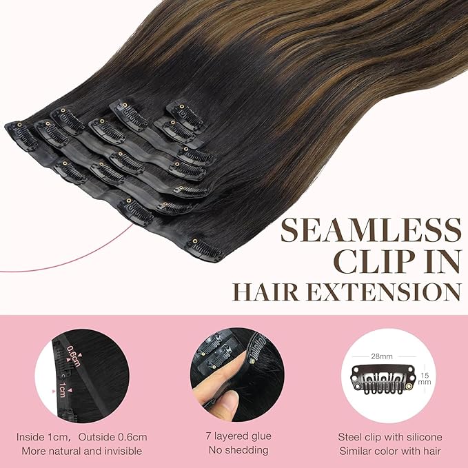 GOO GOO Clip in Hair Extensions Real Human Hair, Remy Human Hair Extensions Clip ins for Women, Natural Human Hair, 22 Inch 140g 7Pcs, 1B/6/1B Balayage Natural Black to Chestnut Brown
