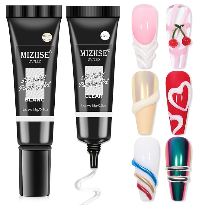 MIZHSE 3D Nail Gel, 2 Pcs 15g 3D Sculpting Gel for Nail Art, No Wipe Clear and Milky White Molding Gels for Nails Decoration Manicure Charms Home DIY