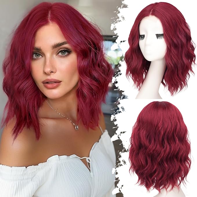 Berry Red Short Wavy Wig for Women Lace Hairline Bob Style Synthetic Heat Resistant - Natural Appearance for Everyday Hairstyle 14 Inch