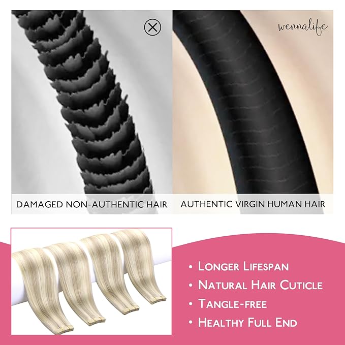 WENNALIFE Tape in Hair Extensions Human Hair Ash Blonde Highlighted Platinum Blonde Tape in Extensions, 10pcs 20g 12 inch Remy Invisible Tape Ins Straight Soft Real Human Hair Tape in Extensions