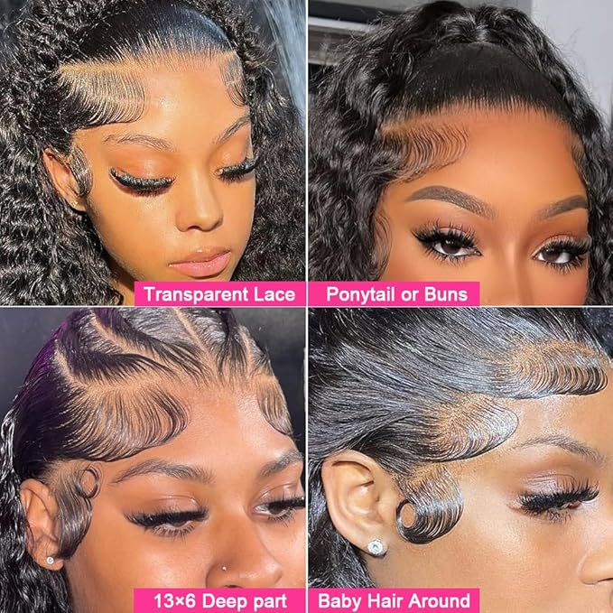 32 Inch Water Wave Lace Front Wigs Human Hair Pre Plucked 13X6 Lace Front Wigs Human Hair 200 Density Deep Part Curly Wig for Women Natural Black