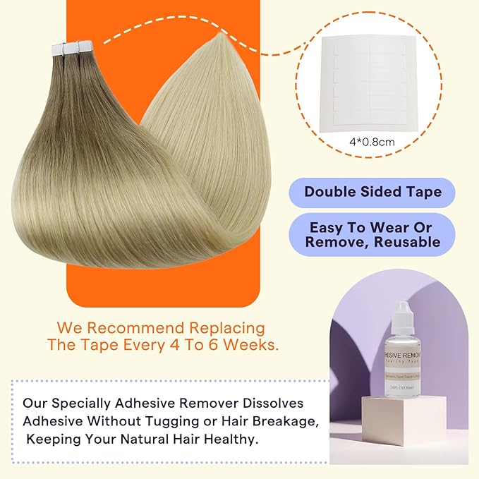 Full Shine Tape in Hair Extensions Human Hair Color 3 and 8 Brown Fading to 613 Platinum Blonde Remy Natural Double Sided Human Hair Tape in Extensions 14 Inch 50g Straight Seamless 20PCS for Wedding