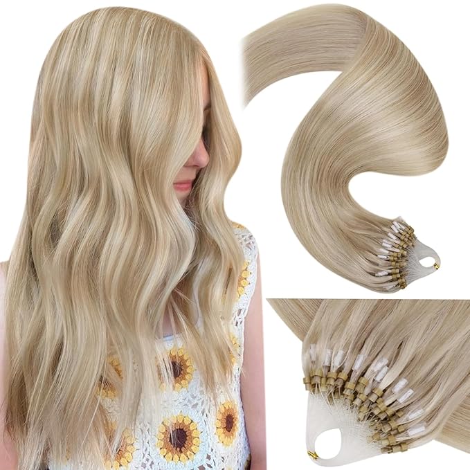 LaaVoo Micro Link Hair Extension Human Hair Dirty Blonde Highlighted with Platinum Blonde Micro Ring Hair Extensions Human Hair Blonde Micro Beads Extensions Real Human Hair 14inch 50g/50s