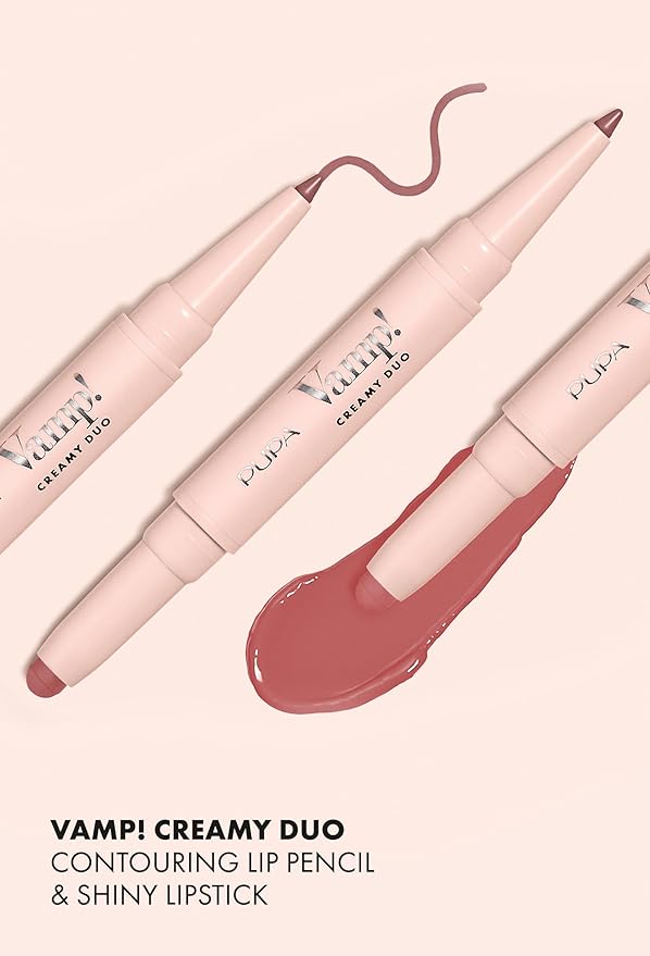 Pupa Milano Vamp! Creamy Duo, 002 Medium Nude, 1 Pc - 2 in 1 Lipstick and Lip Pencil - Long Lasting - Lightweight - No-Transfer - Smooth Texture - Highly Pigmented